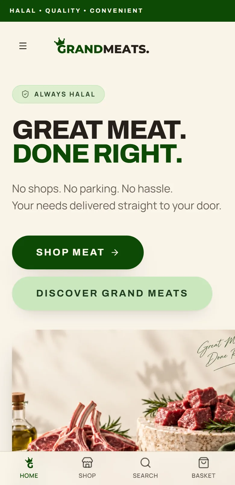 The Grand Meats homepage on a phone, with an app-style bottom bar for Home, Shop, Search and Basket.